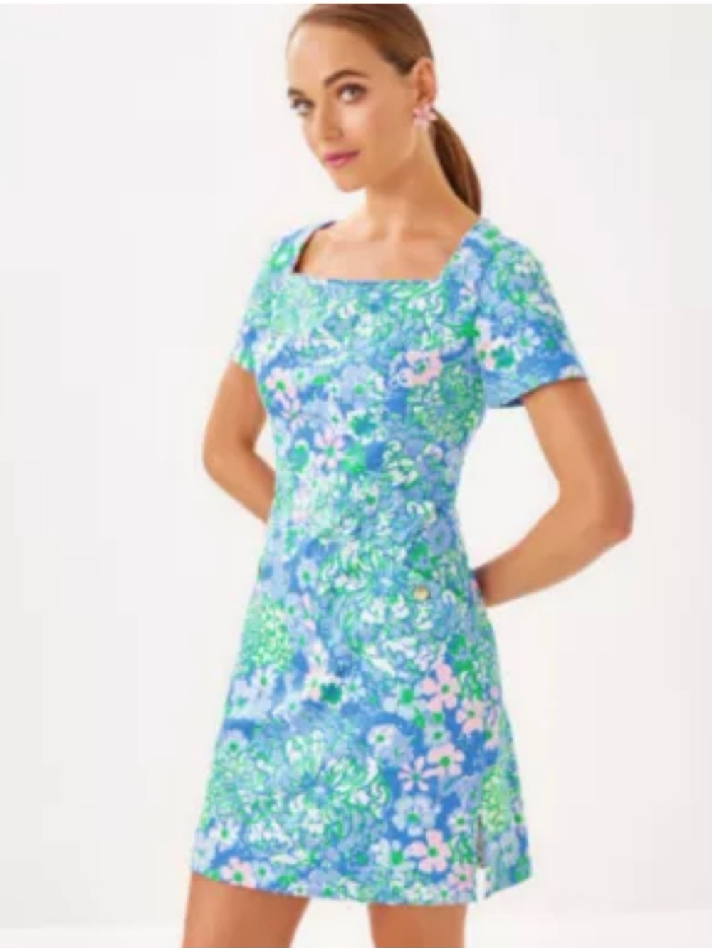 Lilly Pulitzer Blue, Green & Pink Floral Square-Neck Short Sleeve Dress